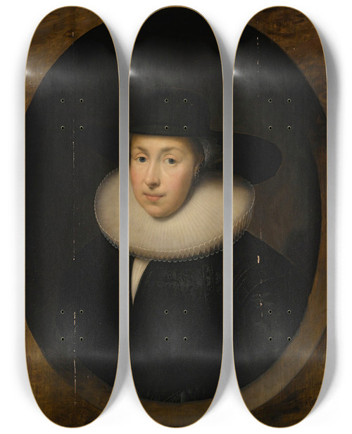 Triptych art skateboard deck of Cornelis Jonson Van Ceulen Portrait Of A Lady_3 by Cornelis Johnson Van Ceulen (1593-1661)