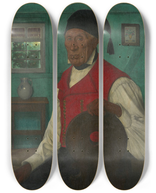 Triptych art skateboard deck of Gustave Stoskopf Alsatian Farmer Wearing A Red Waistcoat by Gustave Stoskopf