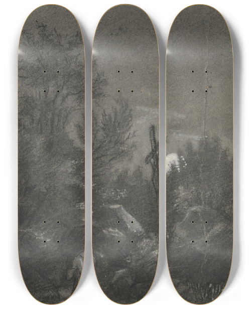 Triptych art skateboard deck of Hans Thoma Cross In The Moonlight by Hans Thoma (1839-1924)