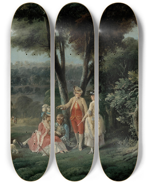 Triptych art skateboard deck of Jeanbaptiste Hilaire Promenade Dans Un Parc by Jean-Baptiste Hilaire (1751-1828)