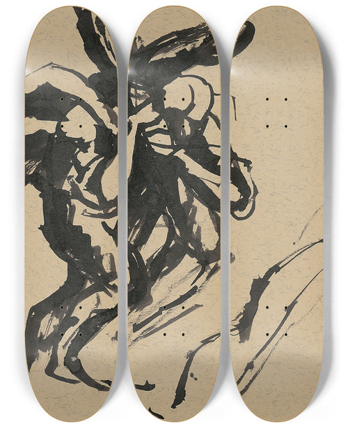 Triptych art skateboard deck of Jn Novk Old Man With A Cross On His Shoulder by Jan Novak (1921-1944)