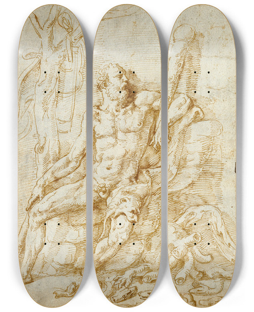 Triptych art skateboard deck of Giulio Romano Hercules Resting After Killing The Hydra by Giulio Romano (1492-1546)