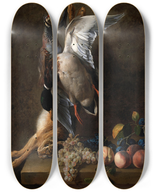 Triptych art skateboard deck of Alexandre Franois Desportes A Group Of Dead Game_1 by Alexandre Francois Desportes (1661-1743)