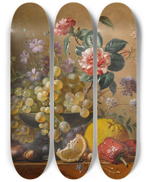 Triptych art skateboard deck of Georgius Jacobus Johannes Van Os Still Life With A Camelia Spray Cornflowersand Grapes In A Silver Bowl With Nuts An Orange And Red Peppers Allon A Marble Ledge by Georgius Jacobus Johannes Van Os (1782-1861)