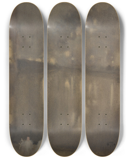 Triptych art skateboard deck of James Abbott Mcneill Whistler Nocturne Grey And Goldcanal Holland by James Abbott Mcneill Whistler (1834-1903)