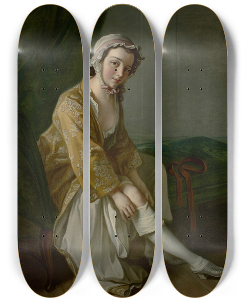Triptych art skateboard deck of Philippe Mercier A Young Woman Pulling On Her Stocking by Philippe Mercier (1689-1760)