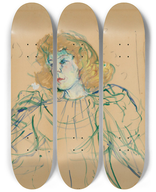 Triptych art skateboard deck of Henri De Toulouselautrec Miss May Milton by Henri de Toulouse-Lautrec (1864-1901)