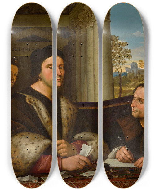 Triptych art skateboard deck of After Sebastiano Del Piombo Portrait Of Ferry Carondelet 14731528 With His Secretaries by After Sebastiano Del Piombo (1485-1547)