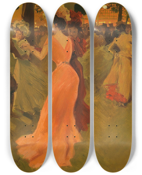 Triptych art skateboard deck of Tony Minartz Dancing Under Lanterns by Tony Minartz (1870-1944)