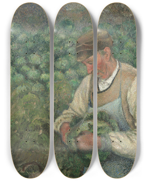 Triptych art skateboard deck of Camille Pissarro The Gardener Old Peasant With Cabbage by Camille Pissarro (1830-1903)