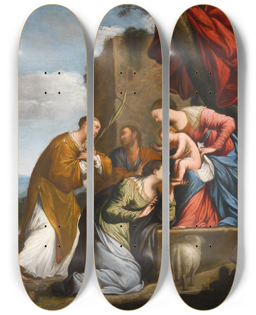 Triptych art skateboard deck of Jean Le Clerc Adoration Of The Christ Child With Three Saints by Jean Le Clerc (1582-1562)