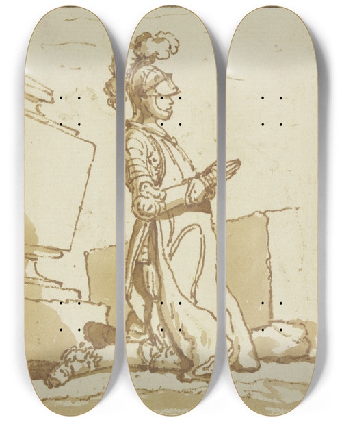Triptych art skateboard deck of Louisfelix De La Rue Inmitten Von Architekturfragmenten Kniender Ritter Betend by Louis-Felix de La Rue (1731-1765)