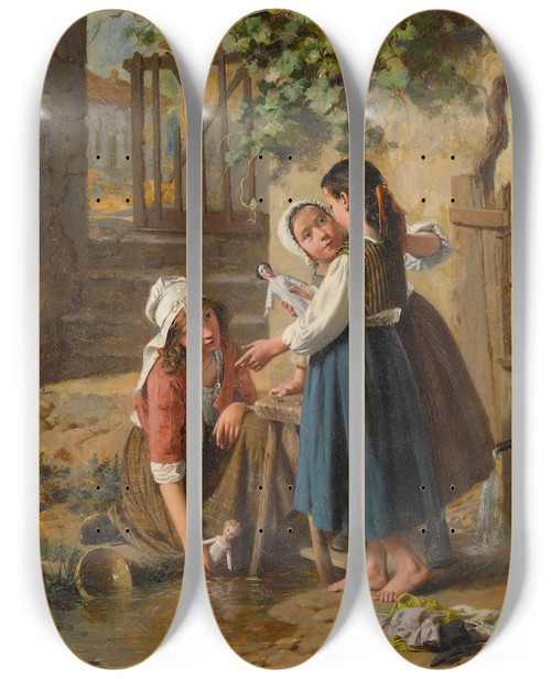 Triptych art skateboard deck of Pierre Jean Edmond Castan The Dolls Bathing Day by Pierre Jean Edmond Castan (1817-1892)