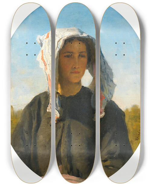 Triptych art skateboard deck of Jules Breton Portrait De Jeune Paysanne Bordelaise by Jules Breton (1827-1906)