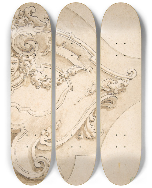 Triptych art skateboard deck of Fortunato Tesi Design For Half Cartouche With Mask_2 by Fortunato Tesi (18-)