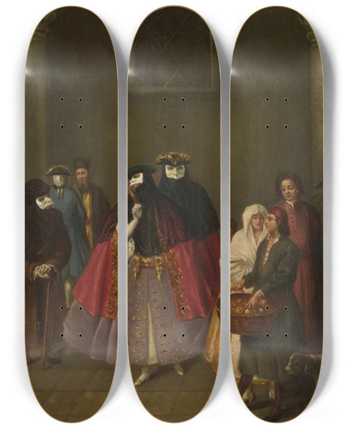 Triptych art skateboard deck of Pietro Longhi Meeting Of The Dominoes by Pietro Longhi (1702-1785)