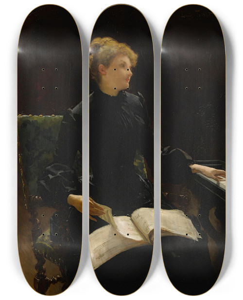 Triptych art skateboard deck of Louis Tribout The Piano Lesson by Louis Tribout (19-20-)