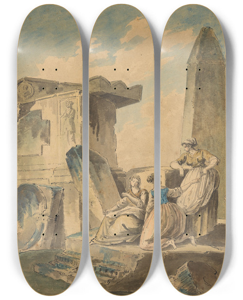 Triptych art skateboard deck of After Hubert Robert Three Young Girls By Ruins by After Hubert Robert (1733-1808)