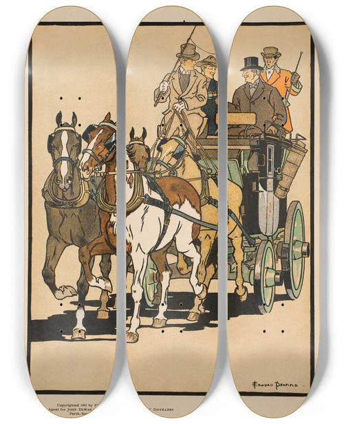 Triptych art skateboard deck of Edward Penfield Four Men Riding On Top Of A Carriage Being Drawn By Four Horses by Edward Penfield (1866-1925)