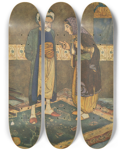 Triptych art skateboard deck of Edmund Dulac As Soon As He Came In She Began To Jeer At Him by Edmund Dulac (1882-1953)