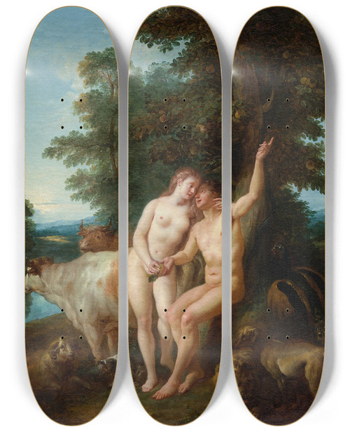 Triptych art skateboard deck of Jeanfranois De Troy Adam And Eve by Jean-Franois de Troy (1679-1752)