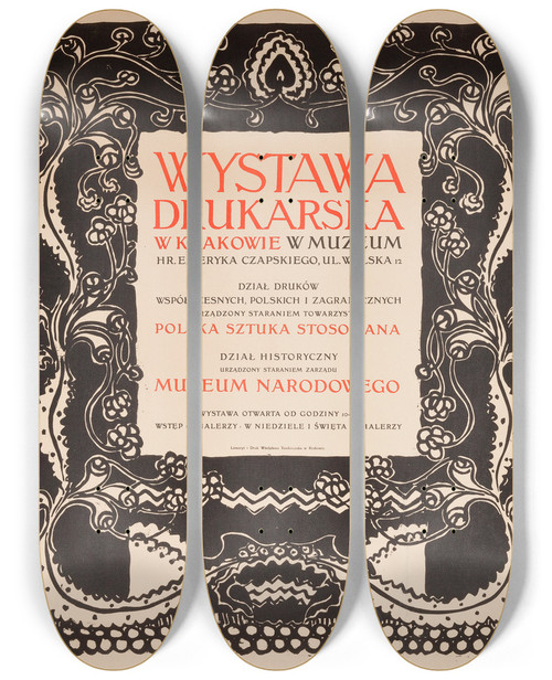 Triptych art skateboard deck of Edward Trojanowski Wystawa Drukarska W Krakowie by Edward Trojanowski (1873-1930)