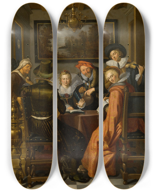 Triptych art skateboard deck of Willem Pietersz Buytewech Party Making Music by Willem Pietersz Buytewech (1592-1624)