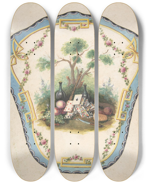 Triptych art skateboard deck of Eugne Charpentier Design For A Firescreen With Picnic Scene And Playing Cards by Eugene Charpentier (1811-1890)