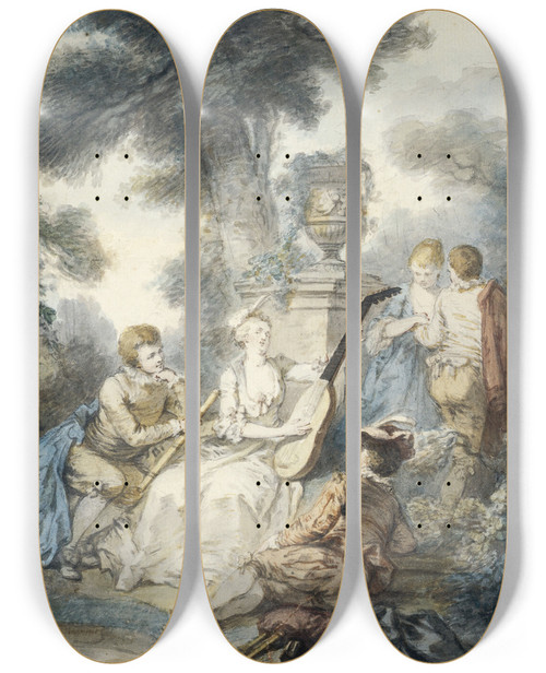 Triptych art skateboard deck of Jacquesphilippe Caresme La Joueuse De Guitare Ou La Musique by Jacques Philippe Caresme (1734-1796)
