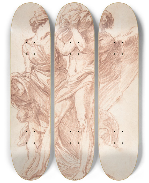 Triptych art skateboard deck of Edm Bouchardon Rhea Outwitting Saturn by Edme Bouchardon (1698-1762)