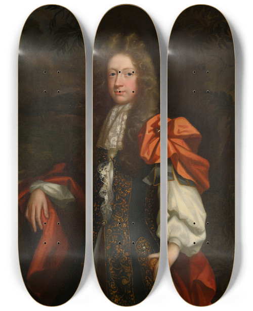 Triptych art skateboard deck of Circle Ofhenri Gascar Portrait Of A Man Possibly Roger Mainwaring Of Kermincham by Circle Of Henri Gascar (1635-1701)