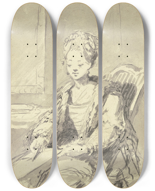 Triptych art skateboard deck of Johann Emanuel Goebel Dame Auf Einem Stuhl Sitzend by Johann Emanuel Goebel