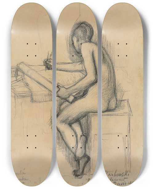 Triptych art skateboard deck of Pierre Puvis De Chavannes Study Of A Seated Nude Female Model Drawing by Pierre Puvis De Chavannes (1824-1898)