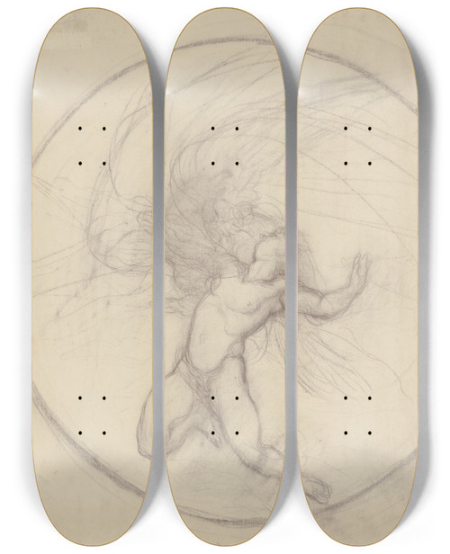 Triptych art skateboard deck of Victor Mller Emporschwebender Mnnlicher Akt In Der Pathosformel Der Hikesie Im Hintergrund Ein Adler by Victor Muller (1829-1871)