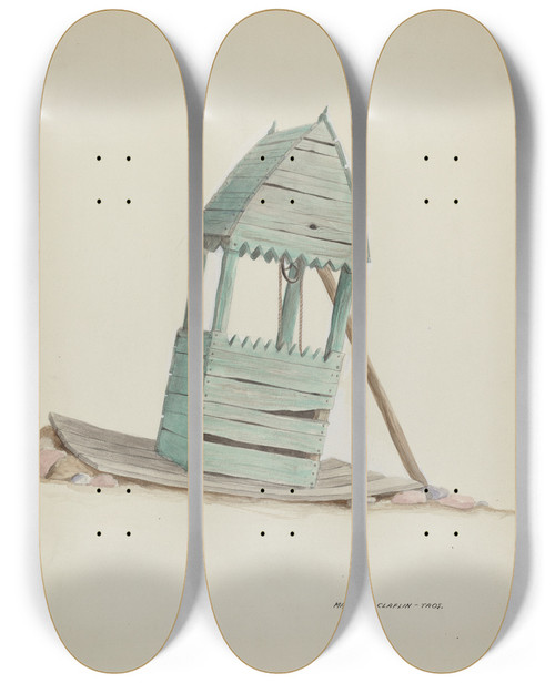 Triptych art skateboard deck of Majel G Claflin Well Head by Majel G Claflin (1893-1941)