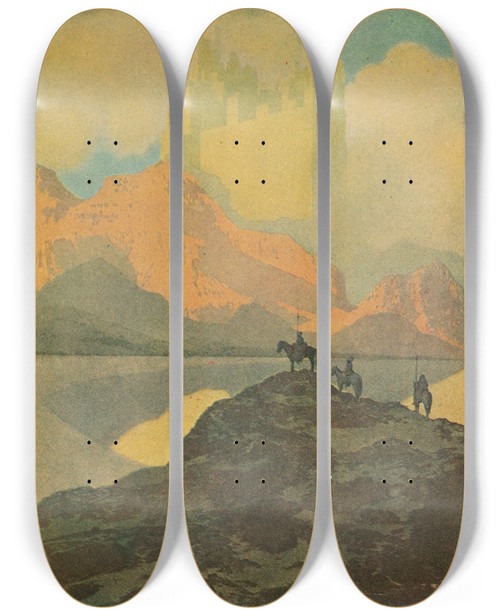 Triptych art skateboard deck of Maxfield Parrish And When They Had Ascended That Mountain They Saw A City Than Which Eyes Had Not Beheld Any Greater by Maxfield Parrish (1870-1966)