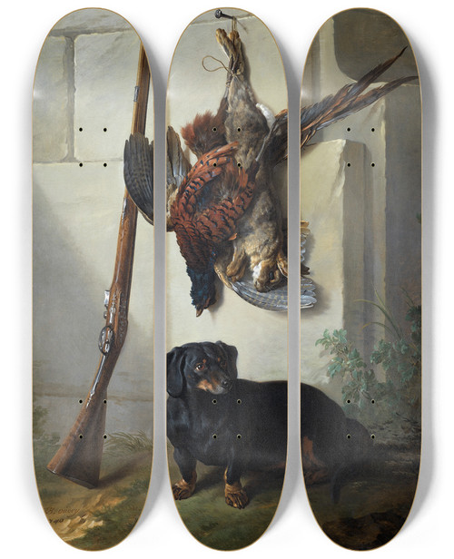 Triptych art skateboard deck of Jeanbaptiste Oudry The Dachshound Pehr With Dead Game And Rifle by Jean-Baptiste Oudry (1686-1755)