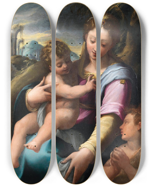 Triptych art skateboard deck of Girolamo Macchietti Madonna And Child With The Infant Saint John The Baptist by Girolamo Macchietti (1535-1592)