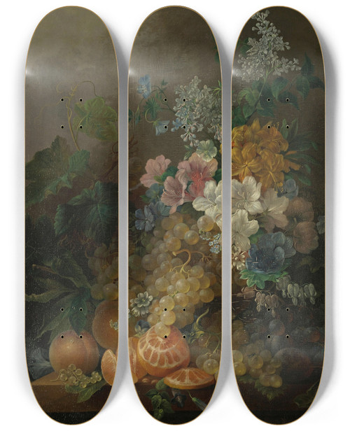 Triptych art skateboard deck of Jan Van Der Waarden A Still Life With Flowers Peaches Grapes And A Peeled Orange All Resting On A Table by Jan Van Der Waarden