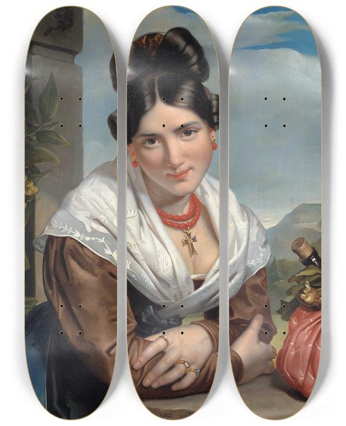 Triptych art skateboard deck of Jan Adam Kruseman Girl Resting by Jan Adam Kruseman (1804-1862)