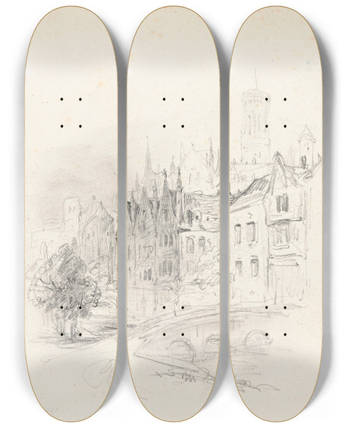 Triptych art skateboard deck of Nicaise De Keyser View From The Meebrug On The Steenhouwersdijk In Bruges by Nicaise De Keyser (1813-1887)