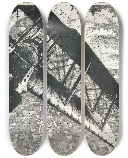 Triptych art skateboard deck of Christopher R W Nevinson Banking At 4000 Feet by Christopher R W Nevinson (1889-1946)