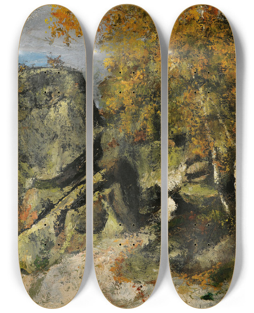 Triptych art skateboard deck of Paul Czanne Rochers Dans La Fret Fontainebleau by Paul Cezanne (1839-1906)