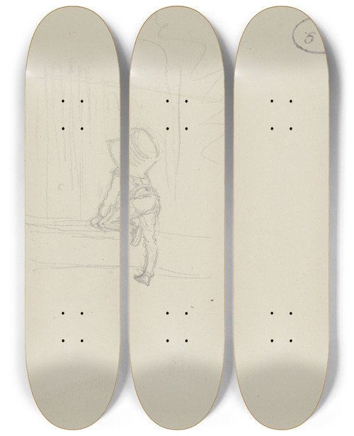 Triptych art skateboard deck of Julius Hamel Kleiner Junge Mit Einem Eimer Auf Dem Kopf by Julius Hamel (1834-1907)