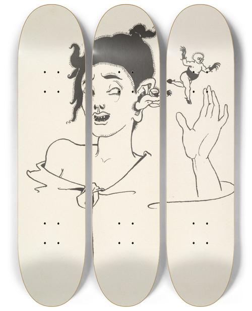 Triptych art skateboard deck of Aubrey Vincent Beardsley Grotesques By Aubrey Beardsley 2 by Aubrey Vincent Beardsley (1872-1898)