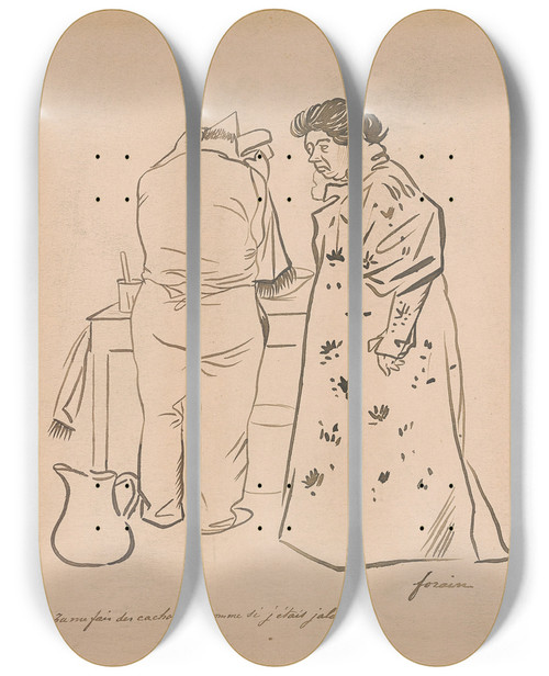 Triptych art skateboard deck of Jeanlouis Forain You Hide Things From Me Like Im Jealous Tu Me Fais Des Cachoteries Comme Si Jetais Jalousie by Jean Louis Forain (1852-1931)