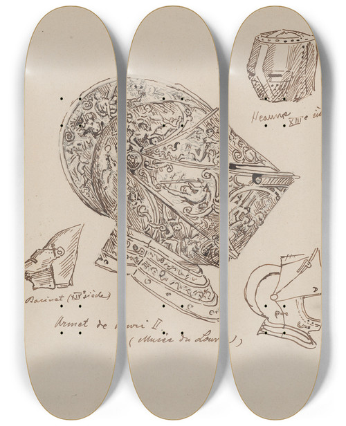Triptych art skateboard deck of Stanisaw Wyspiaski Drawings Of Helmets From The 13Th And 14Th Centuries And The Helmet Of King Henry Ii From Ca 1560 From The Louvre Collection by Stanislaw Wyspianski (1869-1907)