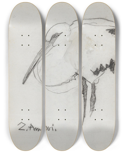 Triptych art skateboard deck of Theo Nieuwenhuis Zuidamerikaanse Ooievaar by Theo Nieuwenhuis (1866-1951)