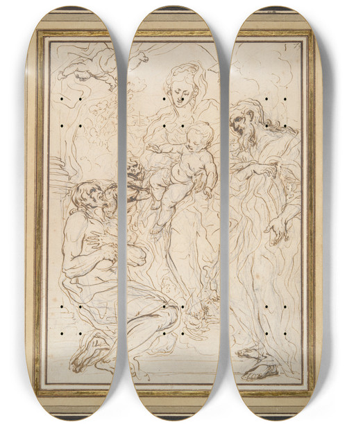 Triptych art skateboard deck of Giovanni Battista Gaulli Virgin And Child With Twosaints by Giovanni Battista Gaulli (1639-1709)