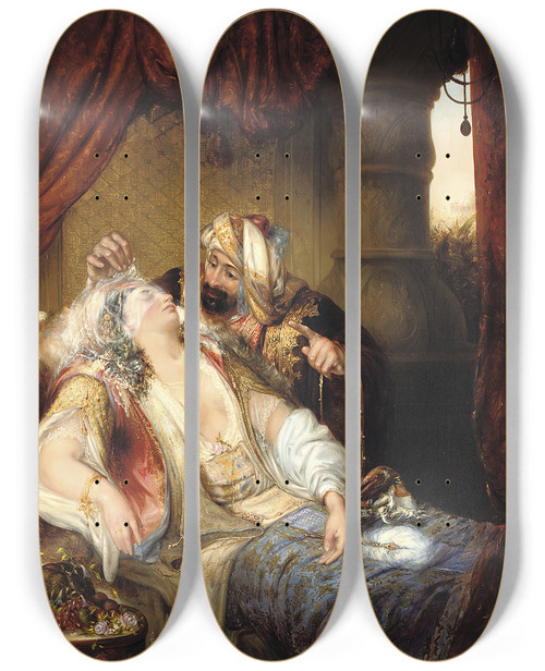 Triptych art skateboard deck of Julius Victor Berger A Visitor In The Harem by Julius Victor Berger (1850-1902)